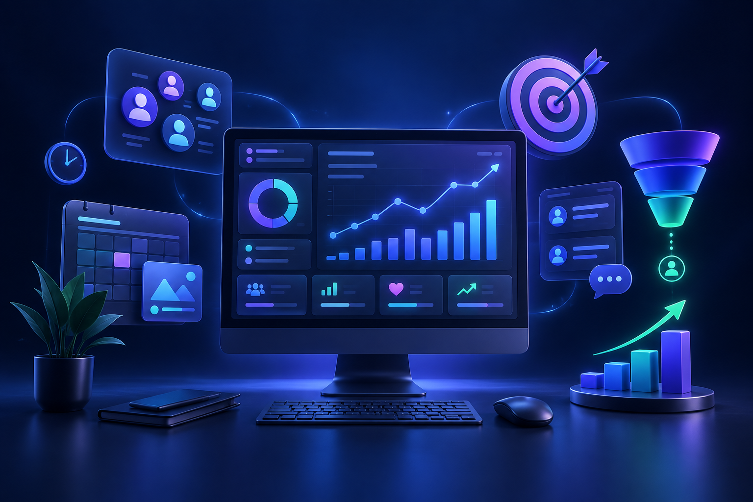 Digital marketing dashboard surrounded by audience, targeting, and growth tools